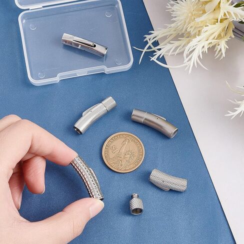 يونيكرافتابل 5 مجموعات 5 انماط من الستانلس ستيل 304، مشابك انبوبية بفتحة 5 ~ 6 ملم، مشابك عمود معدنية موصلات طرفية بحبل جلدي لصنع المجوهرات، لون الستانلس ستيل in Kuwait