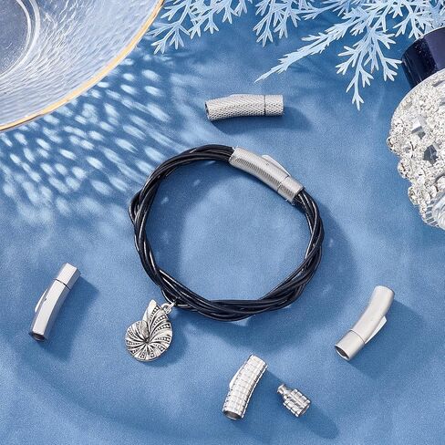 يونيكرافتابل 5 مجموعات 5 انماط من الستانلس ستيل 304، مشابك انبوبية بفتحة 5 ~ 6 ملم، مشابك عمود معدنية موصلات طرفية بحبل جلدي لصنع المجوهرات، لون الستانلس ستيل in Kuwait