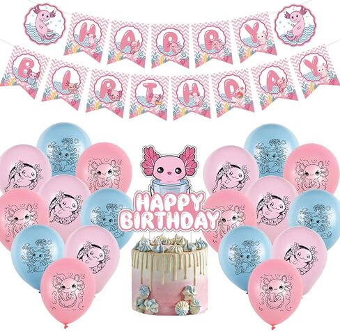 لوازم حفلات اعياد الميلاد من اكسولوتل، مجموعة ديكورات حفلات بطابع اكسولوتل تتضمن بالونات لاتكس، لافتة عيد ميلاد سعيد، زينة كعكة لمحبي اكسولوتل in Kuwait