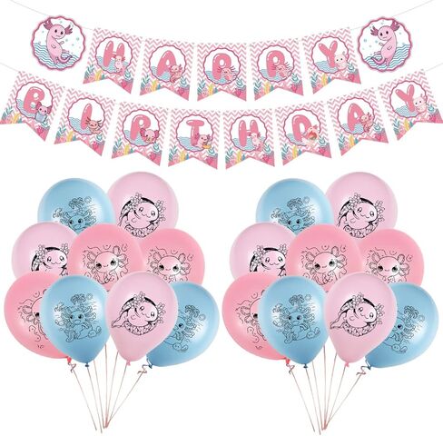 لوازم حفلات اعياد الميلاد من اكسولوتل، مجموعة ديكورات حفلات بطابع اكسولوتل تتضمن بالونات لاتكس، لافتة عيد ميلاد سعيد، زينة كعكة لمحبي اكسولوتل in Kuwait