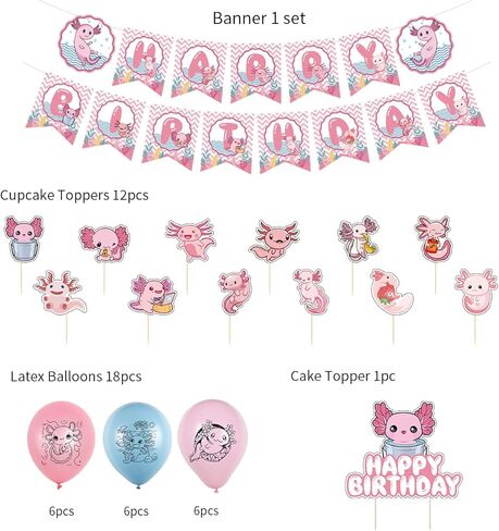 لوازم حفلات اعياد الميلاد من اكسولوتل، مجموعة ديكورات حفلات بطابع اكسولوتل تتضمن بالونات لاتكس، لافتة عيد ميلاد سعيد، زينة كعكة لمحبي اكسولوتل in Kuwait