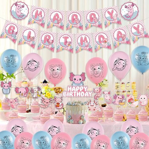 لوازم حفلات اعياد الميلاد من اكسولوتل، مجموعة ديكورات حفلات بطابع اكسولوتل تتضمن بالونات لاتكس، لافتة عيد ميلاد سعيد، زينة كعكة لمحبي اكسولوتل in Kuwait