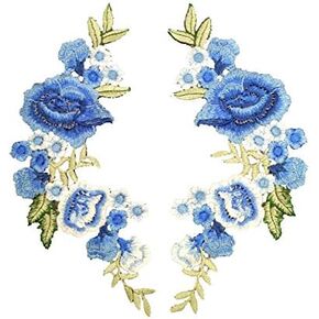 2 Pcs/Set Rose Flower Embroidery Sew On Patches Sticker for Clothes Parches para La Ropa Applique Flower Patches (Blue)