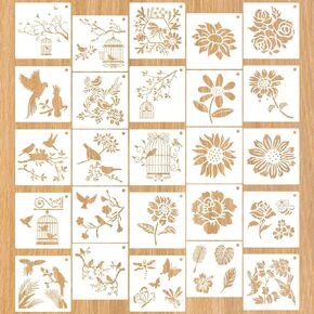 Sunflower Stencil Kit,25 Pieces Bird Floral Flower Stencils for Painting on Wood Canvas Branches Leaf Tree Bee Birdcage Drawing Reusable Stencil for Paint Craft Template Wall Furniture DIY Home Decor in Kuwait