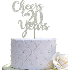 غلاف كعكة Cheers to 20 Years - زينة حفلات عيد الميلاد/الذكرى السنوية العشرين - بريق فضي مزدوج الجوانب
