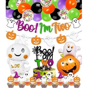 Boo I'm Two Birthday Decorations Halloween 2nd Banner Cake Cupcake Topper Ghost Pumpkin Foil Balloon Spider Web Witch hat Theme for Boy Girl Kids Happy Bday Party Supplies in Kuwait