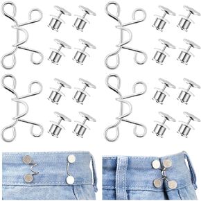 24 Pieces Adjustable Waist Buckle Extender, Reusable Jean Buttons for Loose Jeans Pant Waist Tightener No Sewing Required Button Adjuster Detachable Buttons Pins (4 Set,Silver)
