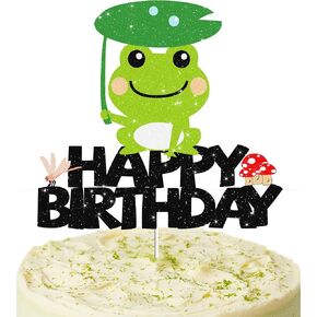 Frog Happy Birthday Cake Topper for Boys Girls Princess & Frog Prince Party Decorations for Boyfriend Glitter Rainforest Frog Mushroom Cake Decor