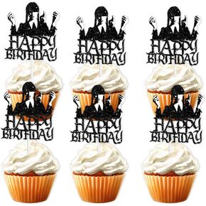 18pcs Black Glitter Dessert Cupcake Topper Pick for Fantasy Horror Horror Wednesday Party Decorations Boys Girls Happy Birthday Family Party Supplies Decor