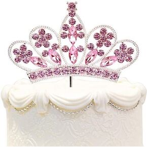 Bling Rhinestone Crystal Crown Cake Topper - Best Birthday Anniversary Wedding Party Decorations Supplies Pink