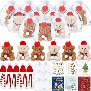 Poen 24 Set Christmas Gift 4 Inch Mini Christmas Stuffed Plush Bear with Santa Hat Scarf Christmas Cards Organza Bags Xmas Stuffed Small Bear Toy Set for Xmas Holiday Party Favor(Cute Style) in Saudi Arabia