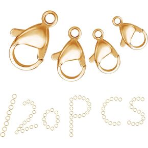 SUNNYCLUE 1 Box 120Pcs 18K Gold Plated 4 Size Lobster Clasp Jump Rings Stainless Steel Lobster Claw Clasp 9mm 10mm 12mm 15mm Jewelry Findings for DIY Bracelet Keychain Making