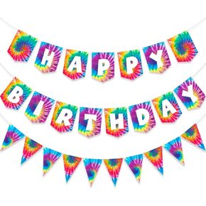 2 Pieces Tie Dye Birthday Party Supplies Happy Birthday Pennant Banner for Tie Dye Party Art Retro 60s 70s Theme Hippie Carnival Birthday Party Decorations (Vivid Colors)