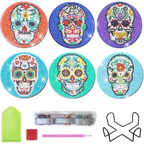 clothmile 6 Pcs Skull Diamond Painting Coasters Kits DIY Sugar Skull Diamond Painting Coasters with Holder Skeleton Flower Diamond Painting Coasters for Beginners Adults and Kids Art Craft Supplies in Kuwait