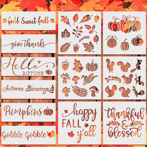 Whaline 12Pcs Fall Thanksgiving Stencil for Painting Pumpkin Autumn Leaves Squirrel Drawing Templates Stencils Reusable Blessed Give Thanks Harvest Stencil for DIY Art Craft Farmhouse Decoration in Saudi Arabia