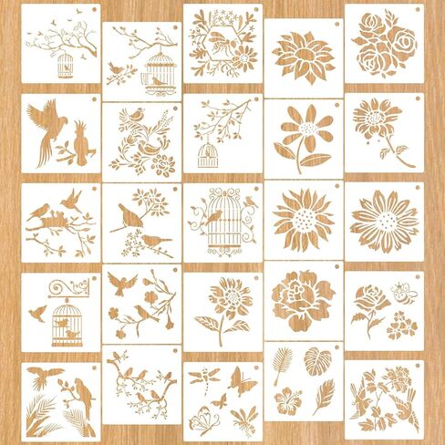 Sunflower Stencil Kit,25 Pieces Bird Floral Flower Stencils for Painting on Wood Canvas Branches Leaf Tree Bee Birdcage Drawing Reusable Stencil for Paint Craft Template Wall Furniture DIY Home Decor in Kuwait