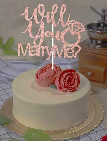ARUTPER Ruepartydeoret Will You Marry Me Cake Top ، Marry Me Cake Decorations, He Asked She Said Y، ديكور كعكة خاتم الخطوبة ولوازم حفلات الزفاف روز جولد لامع in Kuwait