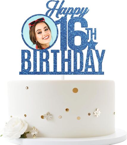 قمة كعكة عيد الميلاد السادس عشر من Dill-Dall Happy Birthday، ديكور حفل عيد الميلاد السادسة عشر، زينة عيد الميلاد 16 (أزرق ملكي) in Kuwait