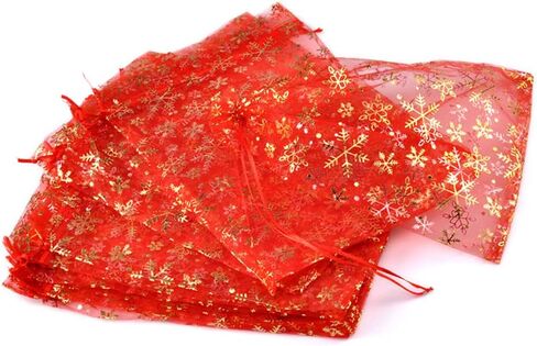 100 قطعة من أكياس الأورجانزا من COTOSEY مقاس 8 × 12 بوصة حقائب هدايا من الأورجانزا الشفافة كبيرة جدًا لعيد الميلاد من الأورجانزا (رقاقات الثلج باللون الأحمر) in Kuwait