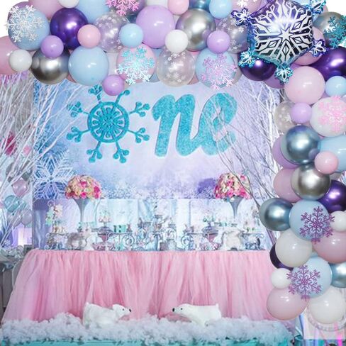 Winter Onederland Balloon Garland, Pink, Blue,Purple Balloon Arch with Glitter Snowflake and Snowflake Mylar Balloon for Girls Winter Wonderland Birthday,Frozen Snowflake Party, Baby Its Cold Outside in Kuwait