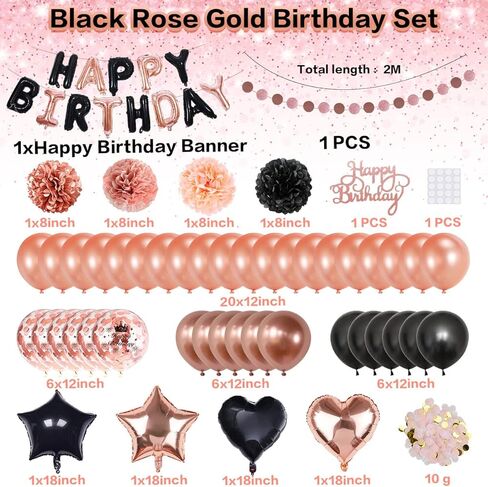 زينة عيد الميلاد باللون الذهبي الوردي، KISPATTI 51 قطعة من طقم عيد الميلاد باللون الأسود والذهبي الوردي مع بالونات قصاصات ورق عيد ميلاد سعيد، لوازم زينة حفلات أعياد الميلاد للنساء والفتيات 21 30 40 50 70 in Kuwait