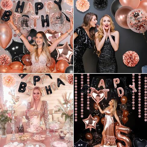 زينة عيد الميلاد باللون الذهبي الوردي، KISPATTI 51 قطعة من طقم عيد الميلاد باللون الأسود والذهبي الوردي مع بالونات قصاصات ورق عيد ميلاد سعيد، لوازم زينة حفلات أعياد الميلاد للنساء والفتيات 21 30 40 50 70 in Kuwait