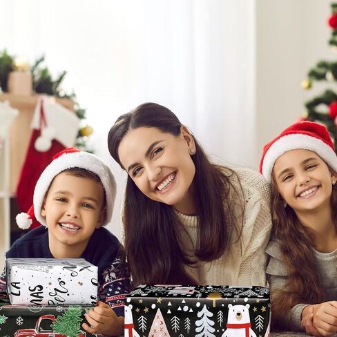 ورق تغليف عيد الميلاد من BULKYTREE للأطفال والأولاد والبنات وحفلات العطلات. 3 أوراق كبيرة لتغليف الهدايا، 3 تصميمات لدب قطبي، ورق ثلج ونقاط ذهبية، وأشجار عيد الميلاد الحمراء، وشاحنة عيد الميلاد، هدية "MERRY XMAS" سوداء - 27 بوصة × 39.4 بوصة لكل ورقة in Kuwait