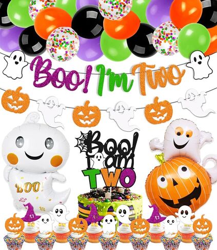 Boo I'm Two Birthday Decorations Halloween 2nd Banner Cake Cupcake Topper Ghost Pumpkin Foil Balloon Spider Web Witch hat Theme for Boy Girl Kids Happy Bday Party Supplies in Kuwait