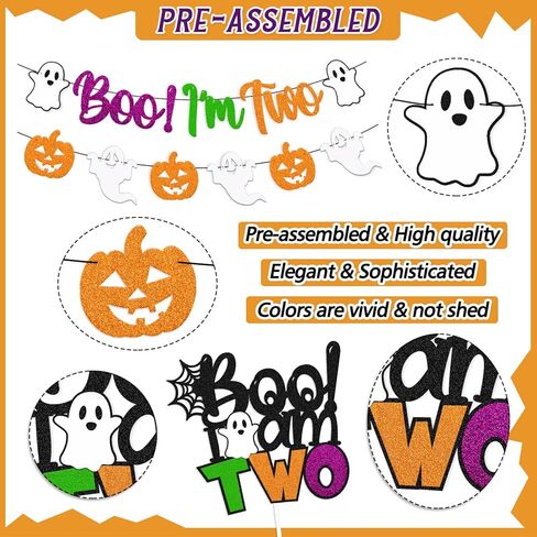 Boo I'm Two Birthday Decorations Halloween 2nd Banner Cake Cupcake Topper Ghost Pumpkin Foil Balloon Spider Web Witch hat Theme for Boy Girl Kids Happy Bday Party Supplies in Kuwait
