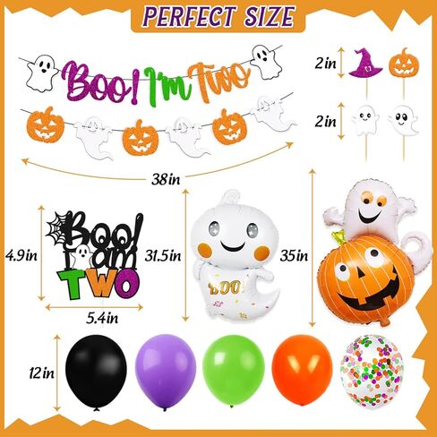 Boo I'm Two Birthday Decorations Halloween 2nd Banner Cake Cupcake Topper Ghost Pumpkin Foil Balloon Spider Web Witch hat Theme for Boy Girl Kids Happy Bday Party Supplies in Kuwait