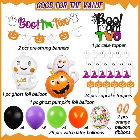 Boo I'm Two Birthday Decorations Halloween 2nd Banner Cake Cupcake Topper Ghost Pumpkin Foil Balloon Spider Web Witch hat Theme for Boy Girl Kids Happy Bday Party Supplies in Kuwait