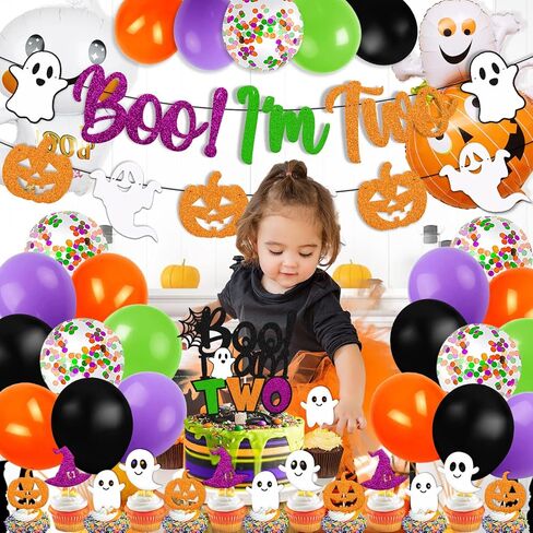 Boo I'm Two Birthday Decorations Halloween 2nd Banner Cake Cupcake Topper Ghost Pumpkin Foil Balloon Spider Web Witch hat Theme for Boy Girl Kids Happy Bday Party Supplies in Kuwait