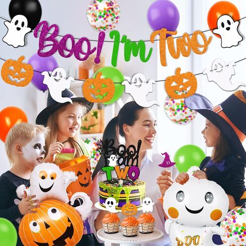 Boo I'm Two Birthday Decorations Halloween 2nd Banner Cake Cupcake Topper Ghost Pumpkin Foil Balloon Spider Web Witch hat Theme for Boy Girl Kids Happy Bday Party Supplies in Kuwait