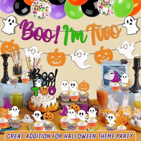 Boo I'm Two Birthday Decorations Halloween 2nd Banner Cake Cupcake Topper Ghost Pumpkin Foil Balloon Spider Web Witch hat Theme for Boy Girl Kids Happy Bday Party Supplies in Kuwait