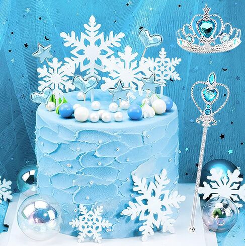 زينة كعكة عيد ميلاد سعيد للبنات لتزيين كعكة الثلج 27 قطعة على شكل ندفات ثلج لتزيين حفلات عيد ميلاد الفتيات هدية عيد ميلاد سعيد مع مجموعة تيجان وعصا in Kuwait