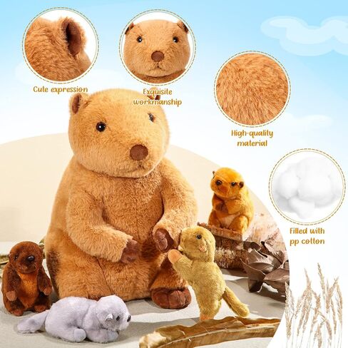 DEEKIN 5 Pcs Adorable Groundhog Plush Set 14 Inch Mommy Groundhog Stuffed Animal with 4 Cute Plush Babies in Her Belly Soft Cuddly Marmot Plushie for Toddlers Boys Girls Birthday Party Favors Gifts in Saudi Arabia