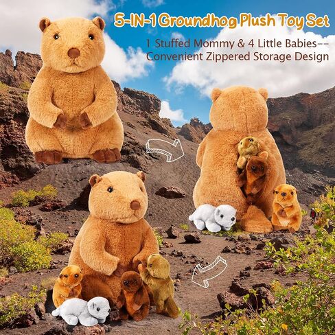 DEEKIN 5 Pcs Adorable Groundhog Plush Set 14 Inch Mommy Groundhog Stuffed Animal with 4 Cute Plush Babies in Her Belly Soft Cuddly Marmot Plushie for Toddlers Boys Girls Birthday Party Favors Gifts in Saudi Arabia