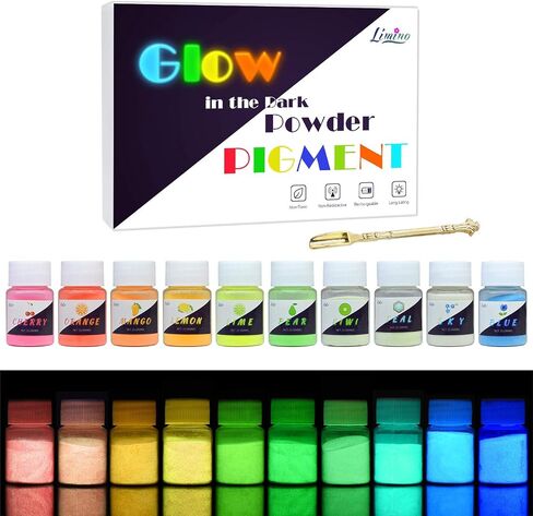 Glow In The Dark Pigment Powder - 10 Color x 25g Epoxy Resin Color Pigment Dyes for DIY Slime Coloring Kit - Luminous Skin Safe Self Glowing for Acrylic Paint, Nail Art, Painting, Crafts - 0.88oz Each in Saudi Arabia