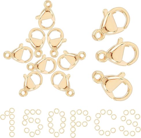 SUNNYCLUE 1 Box 120Pcs 18K Gold Plated 4 Size Lobster Clasp Jump Rings Stainless Steel Lobster Claw Clasp 9mm 10mm 12mm 15mm Jewelry Findings for DIY Bracelet Keychain Making in Kuwait
