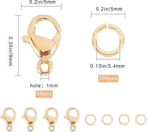 SUNNYCLUE 1 Box 120Pcs 18K Gold Plated 4 Size Lobster Clasp Jump Rings Stainless Steel Lobster Claw Clasp 9mm 10mm 12mm 15mm Jewelry Findings for DIY Bracelet Keychain Making in Kuwait