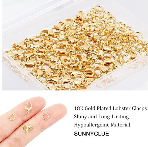 SUNNYCLUE 1 Box 120Pcs 18K Gold Plated 4 Size Lobster Clasp Jump Rings Stainless Steel Lobster Claw Clasp 9mm 10mm 12mm 15mm Jewelry Findings for DIY Bracelet Keychain Making in Kuwait