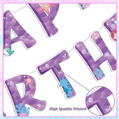 Happy Birthday Banner-Purple Mermaid Happy Birthday Banner Mermaid Theme Party Decoration for Girls Under The Sea Party Supplies in Saudi Arabia