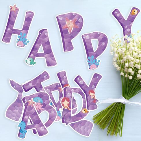 Happy Birthday Banner-Purple Mermaid Happy Birthday Banner Mermaid Theme Party Decoration for Girls Under The Sea Party Supplies in Saudi Arabia