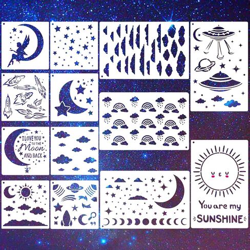 13 Pcs Moon Star Stencil Clouds Stencil Reusable Star Planet Plastic Sun Stencil for Painting on Wood Wall Notebook Drawing Painting Craft Project in Saudi Arabia