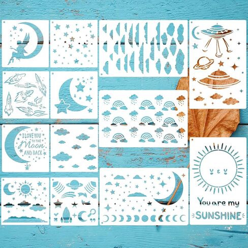 13 Pcs Moon Star Stencil Clouds Stencil Reusable Star Planet Plastic Sun Stencil for Painting on Wood Wall Notebook Drawing Painting Craft Project in Saudi Arabia