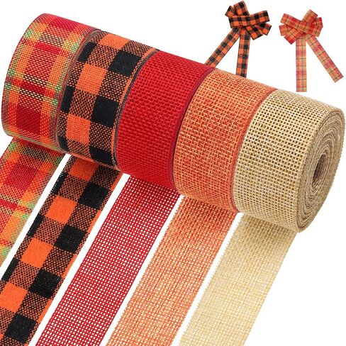 5 Rolls 30 Yards Plaid Burlap Ribbon Rolls 1 Inch Fall Wired Wrapping Ribbon Thanksgiving Wired Edge Ribbon Autumn Decorative Ribbon for Autumn Harvest Thanksgiving Wreath Decoration in Saudi Arabia