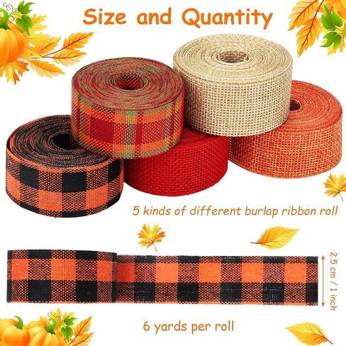 5 Rolls 30 Yards Plaid Burlap Ribbon Rolls 1 Inch Fall Wired Wrapping Ribbon Thanksgiving Wired Edge Ribbon Autumn Decorative Ribbon for Autumn Harvest Thanksgiving Wreath Decoration in Saudi Arabia