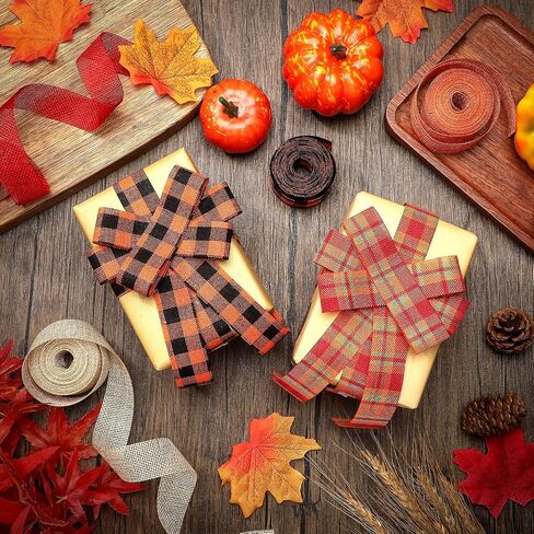 5 Rolls 30 Yards Plaid Burlap Ribbon Rolls 1 Inch Fall Wired Wrapping Ribbon Thanksgiving Wired Edge Ribbon Autumn Decorative Ribbon for Autumn Harvest Thanksgiving Wreath Decoration in Saudi Arabia