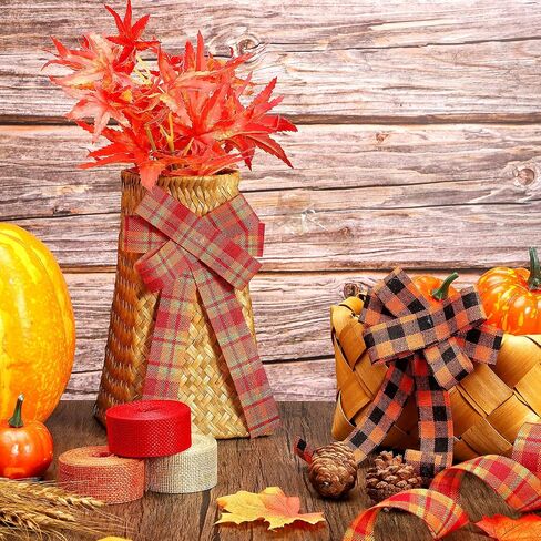 5 Rolls 30 Yards Plaid Burlap Ribbon Rolls 1 Inch Fall Wired Wrapping Ribbon Thanksgiving Wired Edge Ribbon Autumn Decorative Ribbon for Autumn Harvest Thanksgiving Wreath Decoration in Saudi Arabia