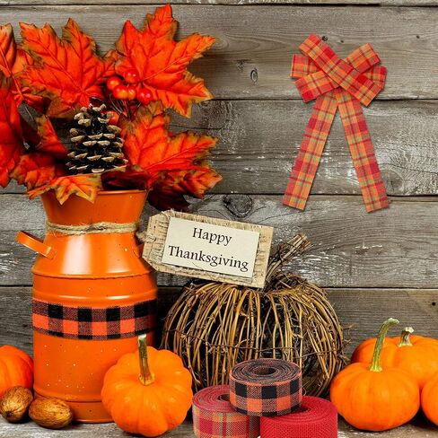 5 Rolls 30 Yards Plaid Burlap Ribbon Rolls 1 Inch Fall Wired Wrapping Ribbon Thanksgiving Wired Edge Ribbon Autumn Decorative Ribbon for Autumn Harvest Thanksgiving Wreath Decoration in Saudi Arabia